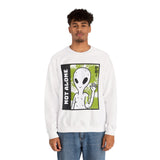 Not Alone Alien Unisex Crewneck Sweatshirt UFO Cartoon Graphic Pullover Extraterrestrial Sci Fi Space Themed Conspiracy Inspired Paranormal Streetwear