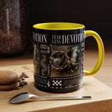 Fearless Devotion Accent Coffee Mug 11oz 15oz Black Ceramic Cup with Warrior on Horse Artwork for Courage Loyalty and Strength Lovers