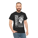 Universe Beyond The Cosmos Unisex Heavy Cotton Tee Graphic Black T Shirt Skeleton Hand Space Infinity Streetwear Futuristic Sci Fi Artistic Fashion Outfit