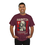 Haunted Warrior Unisex Heavy Cotton Tee Graphic Black T Shirt Bold Red Samurai Ninja Inspired Futuristic Streetwear Artistic Fashion Outfit