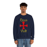 Unisex Deus Vult Crewneck Sweatshirt Medieval Crusader Cross Heavy Blend Fleece Pullover Warrior Knight Inspired Vintage Christian Symbol Streetwear