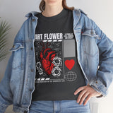 Heart Flower Graphic Unisex Heavy Cotton Tee Comfortable Streetwear T Shirt Bold Red and Black Floral Heart Design Symbol of Love Strength and Vitality Perfect Gift for Friends Birthdays and Casual Everyday Wear