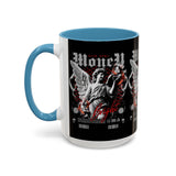 Money Bright Accent Coffee Mug 11oz 15oz Black Ceramic Gothic Angel Statue Design with Red Neon Artwork for Hustlers and Bold Thinkers