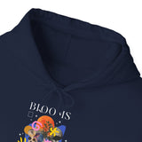 Blooms Person Unisex Heavy Blend Hooded Sweatshirt Graphic Hoodie Black Abstract Colorful Floral Head Artistic Streetwear Modern Creative Futuristic Fashion Outfit
