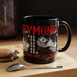 Money Ambition Accent Coffee Mug 11oz 15oz Black Ceramic Cup with Bold Red Typography and Cash Stack Design for Entrepreneurs and Hustlers
