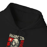 Haunted Warrior Unisex Heavy Blend Hooded Sweatshirt Graphic Hoodie Black Samurai Ninja Fighter Bold Red Streetwear Futuristic Artistic Fashion Outfit