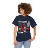 Heart Flower Graphic Unisex Heavy Cotton Tee Comfortable Streetwear T Shirt Bold Red and Black Floral Heart Design Symbol of Love Strength and Vitality Perfect Gift for Friends Birthdays and Casual...