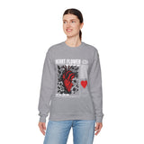 Heart Flower Graphic Unisex Heavy Blend Crewneck Sweatshirt Comfortable Streetwear Pullover Bold Red and Black Floral Heart Design Symbol of Love Strength and Vitality Perfect Gift for Friends Birthdays Cozy Days and Everyday Wear