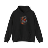 Inferno Spirit Fiery Dragon Whiskey Bottle Unisex Heavy Blend Hooded Sweatshirt Bold Streetwear Biker Inspired Tattoo Art Flame Design Symbol of Strength Rebellion and Passion