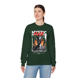 Mystic Mask Flames Graphic Unisex Heavy Blend Crewneck Sweatshirt Hustler Streetwear Motivational Dark Mystery Bold Fire Design
