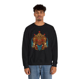 Mythical Tribal Mask Unisex Crewneck Sweatshirt Heavy Blend Pullover Cultural Warrior Spirit Inspired Festival Graphic Art Streetwear Top