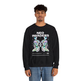 Neo Invaders Futuristic Holographic Graphic Unisex Heavy Blend Crewneck Sweatshirt Sci Fi Cyberpunk Streetwear Bold Statement Pullover