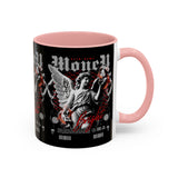 Money Bright Angel Accent Coffee Mug 11oz 15oz Gothic Statue Black Ceramic Cup with Red Flames and Cash Design for Hustlers