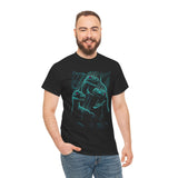 Prehistoric Thunder Unisex Heavy Cotton Tee Neon Raptor Design Electric Blue Lightning Artwork Bold Streetwear Statement For Dinosaur Lovers And Retro Art Fans