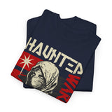 Haunted Warrior Unisex Heavy Cotton Tee Graphic Black T Shirt Bold Red Samurai Ninja Inspired Futuristic Streetwear Artistic Fashion Outfit