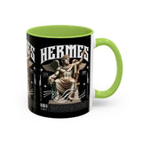 Hermes Accent Coffee Mug 11oz 15oz Black Ceramic Mythology Cup with Greek God Winged Statue Design for History Lovers and Art Enthusiasts