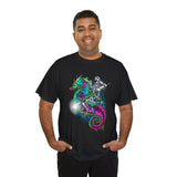 Seahorse Knight Neon Warrior Unisex Heavy Cotton Tee Futuristic Cyberpunk Fantasy Streetwear T Shirt Vibrant Medieval Armor Design Perfect For Gamers Dreamers And Art Lovers
