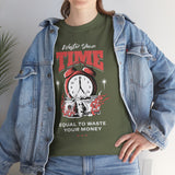 Waste Your Time Unisex Heavy Cotton Tee Graphic Black T Shirt Motivational Hustle Money Clock Streetwear Bold Entrepreneur Mindset Fashion Outfit
