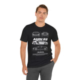 White Mid Engine Sports Coupe Blueprint Artwork Unisex Heavy Cotton Tee High Performance Inspired Streetwear Graphic Shirt For Car Enthusiasts And Automotive Art Fans