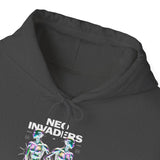 Neo Invaders Futuristic Holographic Graphic Unisex Heavy Blend Hooded Sweatshirt Sci Fi Cyberpunk Streetwear Bold Statement Hoodie