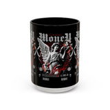 Money Bright Accent Coffee Mug 11oz 15oz Black Ceramic Gothic Angel Statue Design with Red Neon Artwork for Hustlers and Bold Thinkers