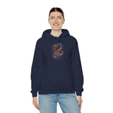 Inferno Spirit Fiery Dragon Whiskey Bottle Unisex Heavy Blend Hooded Sweatshirt Bold Streetwear Biker Inspired Tattoo Art Flame Design Symbol of Strength Rebellion and Passion
