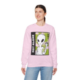 Unisex Not Alone Alien Crewneck Sweatshirt UFO Cartoon Graphic Pullover Extraterrestrial Sci Fi Space Themed Conspiracy Inspired Paranormal Streetwear
