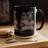 Sadness Statue Accent Coffee Mug 11oz 15oz Two Tone Ceramic Gothic Art Cup with Butterfly and Flame Design