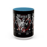 Money Bright Accent Coffee Mug 11oz 15oz Black Ceramic Gothic Angel Statue Design with Red Neon Artwork for Hustlers and Bold Thinkers