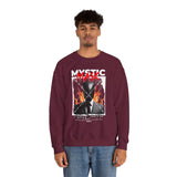 Mystic Mask Flames Graphic Unisex Heavy Blend Crewneck Sweatshirt Hustler Streetwear Motivational Dark Mystery Bold Fire Design