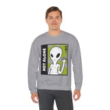 Not Alone Alien Unisex Crewneck Sweatshirt UFO Cartoon Graphic Pullover Extraterrestrial Sci Fi Space Themed Conspiracy Inspired Paranormal Streetwear