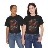 Inferno Spirit Fiery Dragon Whiskey Bottle Unisex Heavy Cotton Tee Bold Biker Streetwear Artistic Snake Flame Design Symbol of Power Energy and Rebellion Graphic Shirt