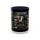 Fearless Devotion Accent Coffee Mug 11oz 15oz Black Ceramic Cup with Warrior on Horse Artwork for Courage Loyalty and Strength Lovers