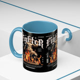 Fighter Accent Coffee Mug 11oz 15oz Black Ceramic Cup with Greek Warrior Statue and Flames Design for Hustlers and Motivated Minds
