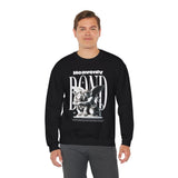 Heavenly Bond Unisex Heavy Blend Crewneck Sweatshirt Graphic Pullover Black Angel And Lion Statue Spiritual Streetwear Bold Futuristic Artistic Fashion Outfit