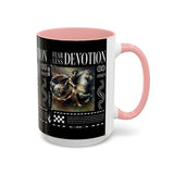 Fearless Devotion Accent Coffee Mug 11oz 15oz Black Ceramic Cup with Warrior on Horse Artwork for Courage Loyalty and Strength Lovers