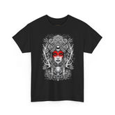 Mystic Warrior Goddess Unisex Heavy Cotton Tee Bold Monochrome Tribal Design Powerful Feminine Energy Streetwear Graphic T-Shirt for Art Lovers Festivals and Everyday Wear
