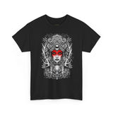 Mystic Warrior Goddess Unisex Heavy Cotton Tee Bold Monochrome Tribal Design Powerful Feminine Energy Streetwear Graphic T-Shirt for Art Lovers Festivals and Everyday Wear