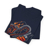 Inferno Spirit Fiery Dragon Whiskey Bottle Unisex Heavy Cotton Tee Bold Biker Streetwear Artistic Snake Flame Design Symbol of Power Energy and Rebellion Graphic Shirt