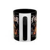 Fighter Accent Coffee Mug 11oz 15oz Black Ceramic Cup with Greek Warrior Statue and Flames Design for Hustlers and Motivated Minds