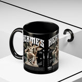 Hermes Accent Coffee Mug 11oz 15oz Black Ceramic Mythology Cup with Greek God Winged Statue Design for History Lovers and Art Enthusiasts