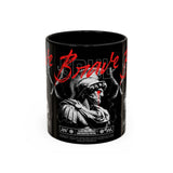 Brave Soul Warrior Accent Coffee Mug 11oz 15oz Black Ceramic Two Tone Cup Bold Statue Design with Red Script Gift for Coffee Lovers