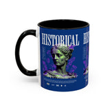 Historical Accent Coffee Mug 11oz 15oz Black Ceramic Cup with Greek Goddess Statue and Purple Floral Design for Art and History Lovers