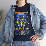Eye Of Eternity Unisex Heavy Cotton Tee Ancient Egyptian Owl Pharaoh Gold And Blue Cosmic Streetwear Tee For Spiritual Strength And Timeless Power