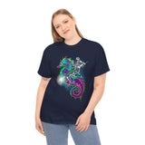 Seahorse Knight Neon Warrior Unisex Heavy Cotton Tee Futuristic Cyberpunk Fantasy Streetwear T Shirt Vibrant Medieval Armor Design Perfect For Gamers Dreamers And Art Lovers