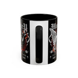 Money Bright Accent Coffee Mug 11oz 15oz Black Ceramic Gothic Angel Statue Design with Red Neon Artwork for Hustlers and Bold Thinkers