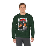 Mystic Mask Flames Graphic Unisex Heavy Blend Crewneck Sweatshirt Hustler Streetwear Motivational Dark Mystery Bold Fire Design