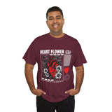 Heart Flower Graphic Unisex Heavy Cotton Tee Comfortable Streetwear T Shirt Bold Red and Black Floral Heart Design Symbol of Love Strength and Vitality Perfect Gift for Friends Birthdays and Casual Everyday Wear