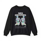 Neo Invaders Futuristic Holographic Graphic Unisex Heavy Blend Crewneck Sweatshirt Sci Fi Cyberpunk Streetwear Bold Statement Pullover