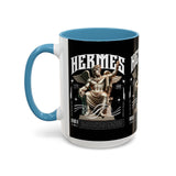 Hermes Accent Coffee Mug 11oz 15oz Black Ceramic Mythology Cup with Greek God Winged Statue Design for History Lovers and Art Enthusiasts